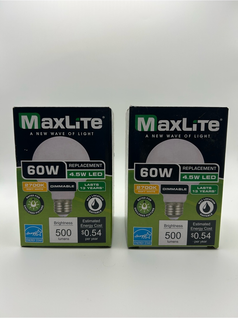 Lot of 2 Maxlite 60W Equivalent 4.5W LED Soft White Bulb - Green/White Packaging